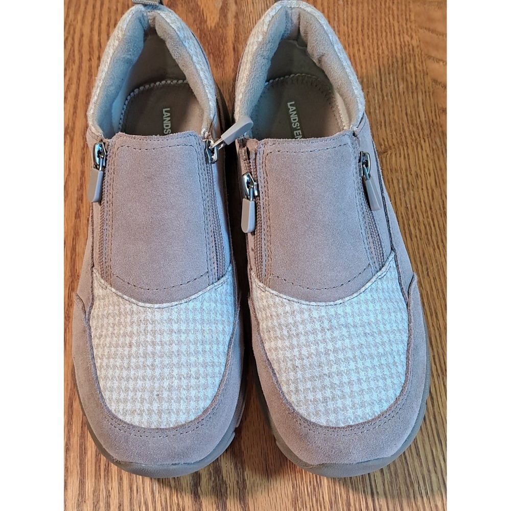 Lands' End Women's All Weather Insulated Suede Zipper Moc Shoes 10 D Taupe Plaid